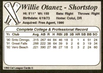 1993 Cal League Bakersfield Dodgers #21 Willis Otanez Back