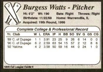 1993 Cal League Bakersfield Dodgers #24 Burgess Watts Back