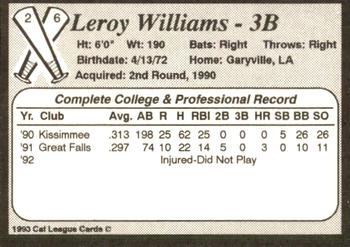1993 Cal League Bakersfield Dodgers #26 Leroy Williams Back