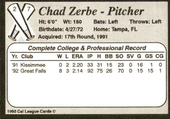 1993 Cal League Bakersfield Dodgers #27 Chad Zerbe Back