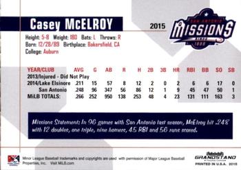 2015 Grandstand San Antonio Missions #21 Casey McElroy Back