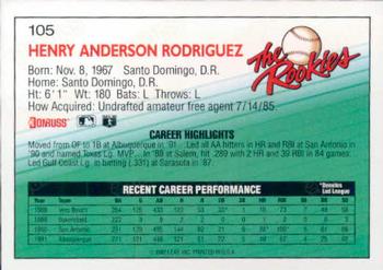 1992 Donruss The Rookies #105 Henry Rodriguez Back