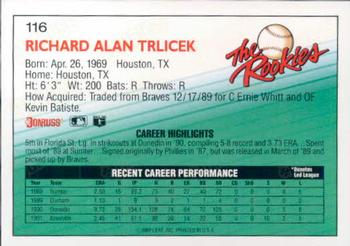 1992 Donruss The Rookies #116 Rick Trlicek Back