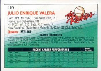 1992 Donruss The Rookies #119 Julio Valera Back