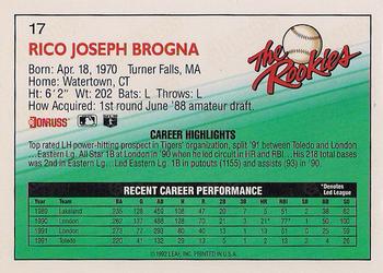 1992 Donruss The Rookies #17 Rico Brogna Back