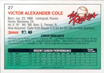 1992 Donruss The Rookies #27 Victor Cole Back