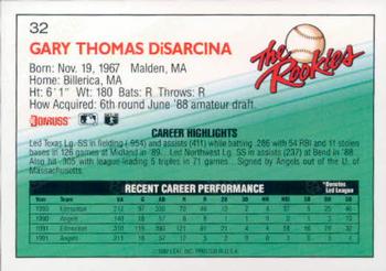 1992 Donruss The Rookies #32 Gary DiSarcina Back