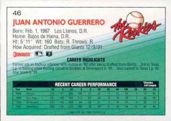 1992 Donruss The Rookies #46 Juan Guerrero Back