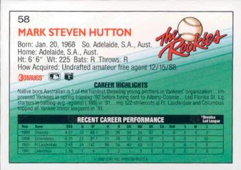 1992 Donruss The Rookies #58 Mark Hutton Back