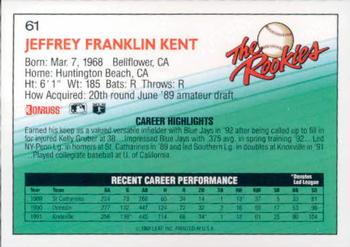 1992 Donruss The Rookies #61 Jeff Kent Back