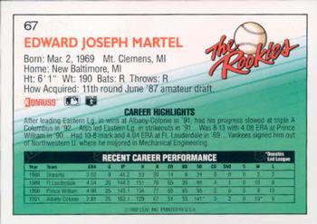1992 Donruss The Rookies #67 Ed Martel Back