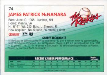 1992 Donruss The Rookies #74 Jim McNamara Back
