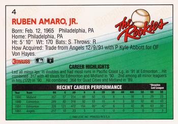 1992 Donruss The Rookies #4 Ruben Amaro Back
