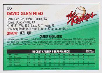 1992 Donruss The Rookies #86 David Nied Back