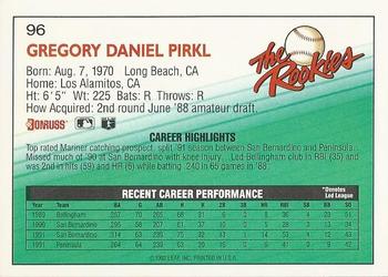 1992 Donruss The Rookies #96 Greg Pirkl Back