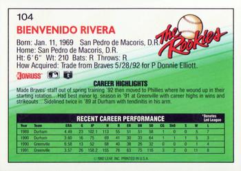 1992 Donruss The Rookies #104 Ben Rivera Back