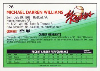 1992 Donruss The Rookies #126 Mike Williams Back
