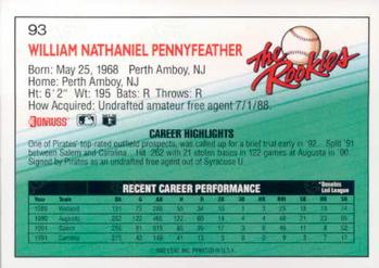 1992 Donruss The Rookies #93 Will Pennyfeather Back