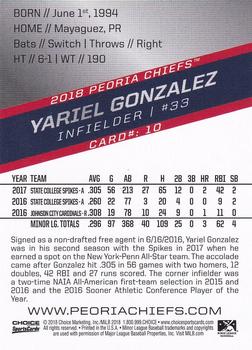 2018 Choice Peoria Chiefs #10 Yariel Gonzalez Back