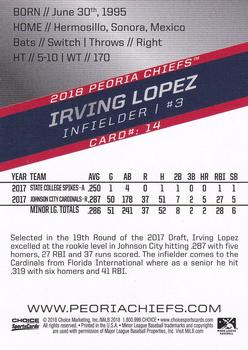 2018 Choice Peoria Chiefs #14 Irving Lopez Back