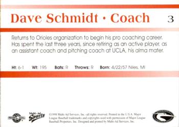 1998 Multi-Ad Delmarva Shorebirds #3 Dave Schmidt Back