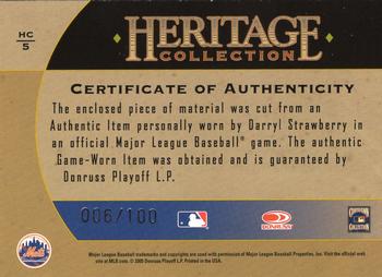 2005 Donruss Diamond Kings - Heritage Collection Signature Jersey #HC-5 Darryl Strawberry Back