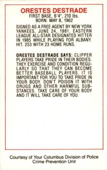 1986 Columbus Clippers Police #NNO Orestes Destrade Back