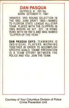 1986 Columbus Clippers Police #NNO Dan Pasqua Back
