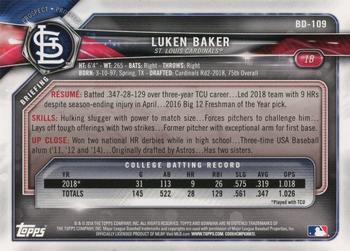 2018 Bowman Draft #BD-109 Luken Baker Back