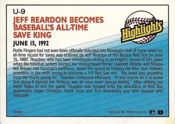 1992 Donruss - Update #U-9 Jeff Reardon Back