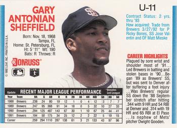 1992 Donruss - Update #U-11 Gary Sheffield Back