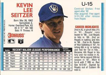 1992 Donruss - Update #U-15 Kevin Seitzer Back