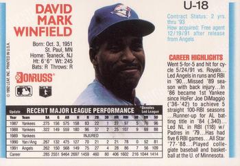 1992 Donruss - Update #U-18 Dave Winfield   Back