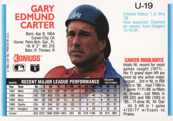 1992 Donruss - Update #U-19 Gary Carter  Back