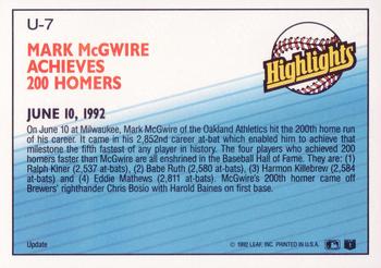 1992 Donruss - Update #U-7 Mark McGwire   Back