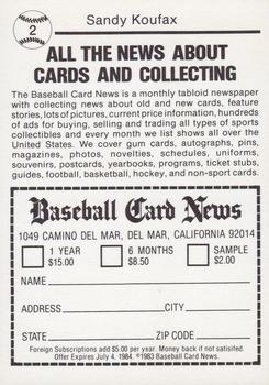 1983 Baseball Card News #2 Sandy Koufax Back