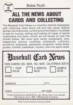 1983 Baseball Card News #6 Babe Ruth Back