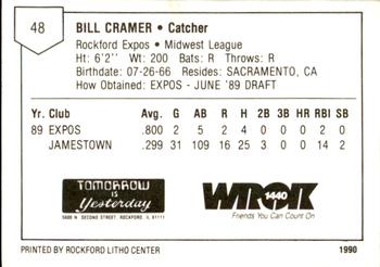 1990 Litho Center Rockford Expos #5 Bill Cramer Back