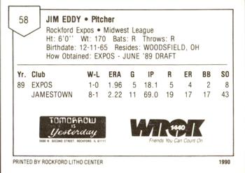 1990 Litho Center Rockford Expos #7 Jim Eddy Back