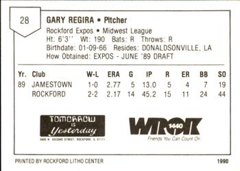 1990 Litho Center Rockford Expos #22 Gary Regira Back