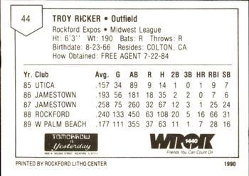 1990 Litho Center Rockford Expos #23 Troy Ricker Back