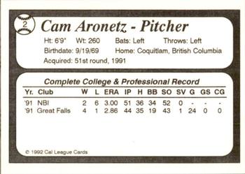 1992 Cal League Bakersfield Dodgers #2 Cam Aronetz Back