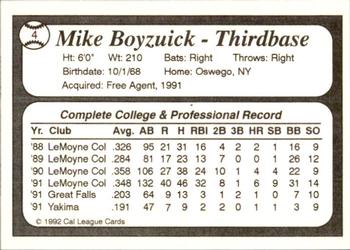 1992 Cal League Bakersfield Dodgers #4 Mike Boyzuick Back