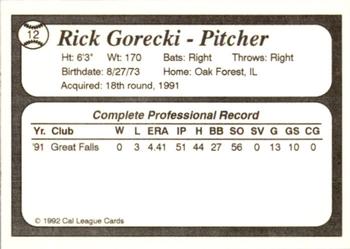 1992 Cal League Bakersfield Dodgers #12 Rick Gorecki Back