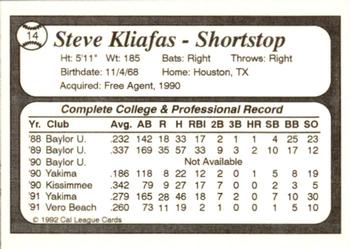 1992 Cal League Bakersfield Dodgers #14 Steve Kliafas Back