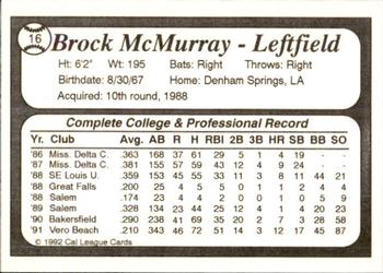 1992 Cal League Bakersfield Dodgers #16 Brock McMurray Back