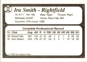 1992 Cal League Bakersfield Dodgers #22 Ira Smith Back