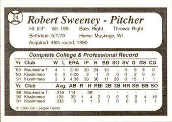 1992 Cal League Bakersfield Dodgers #24 Robert Sweeney Back