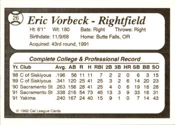 1992 Cal League Bakersfield Dodgers #26 Eric Vorbeck Back