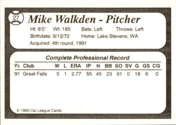 1992 Cal League Bakersfield Dodgers #27 Mike Walkden Back
